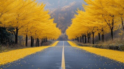 Obraz premium A stunning view of a tranquil road lined with vibrant yellow trees on either side. The road stretches into the distance, creating a serene atmosphere. Perfect for nature lovers. AI