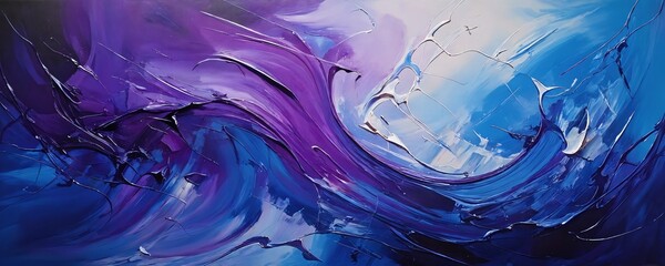 Colorful abstract painting with swirling purple and blue hues, showcasing dynamic brush strokes and an energetic composition