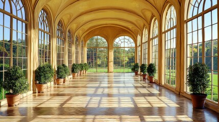 Obraz premium Bright and Spacious Indoor Hallway with Large Windows and Potted Plants, Perfect for Events or Natural Light Photography in a Serene Environment