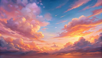 Fototapeta premium colorful sunset sky with pink orange clouds glowing soft pastel hues anime cartoon aesthetic wallpaper background 