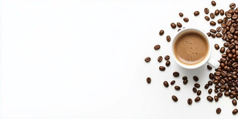 Fototapeta premium A steaming cup of coffee sits next to scattered coffee beans. The white background adds a clean look. Ideal for food lovers and coffee enthusiasts. A delightful scene for coffee art. AI
