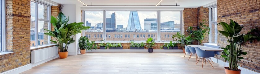 Modern Office Interior with Bright Windows, Lush Green Plants, and Stylish Furniture Overlooking a Cityscape in a Contemporary Workspace Environment