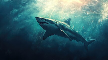 Fototapeta premium Menacing Predator of the Deep: Image of a Tiger Shark in the Caribbean Waters