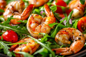 Shrimp, tomatoes, arugula salad, Mixed seafood salat with fried shrimps, greens close up