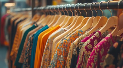 Colorful Tshirts hanging on a wooden hanger and clothing rack