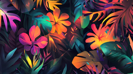 Abstract art piece showcasing a paradise garden with vibrant leaves and blossoms, painted in a contemporary style. Vibrant. Illustration