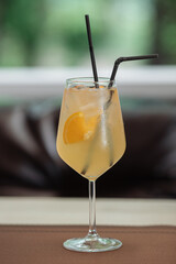 A glass of fresh delicious sangria on the table in the restaurant