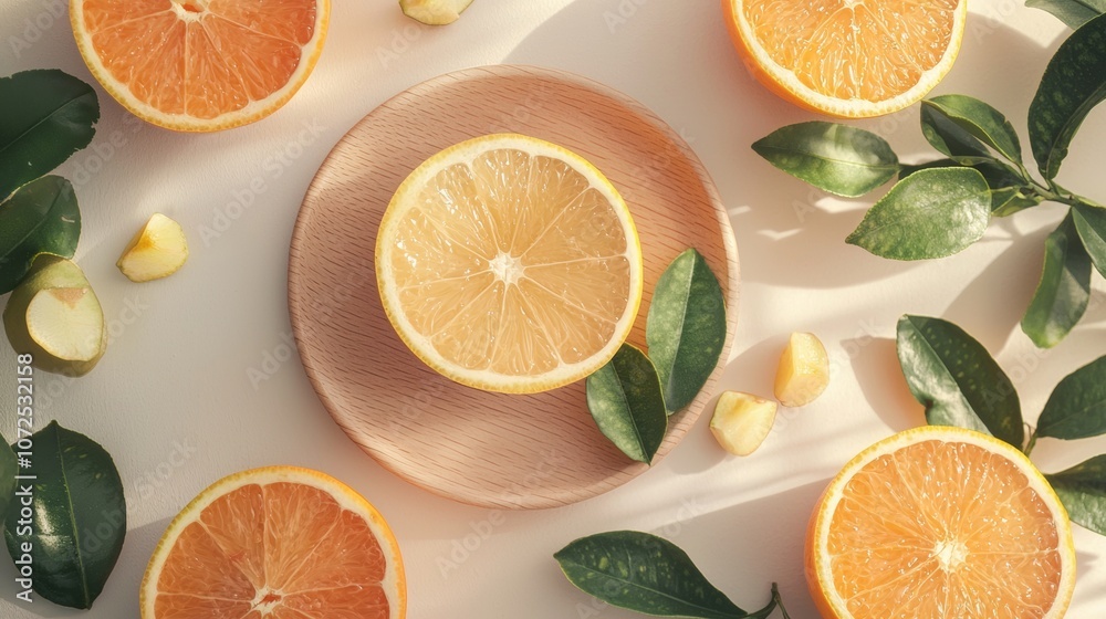 Poster Citrus slices and green leaves on wooden plate in sunlight