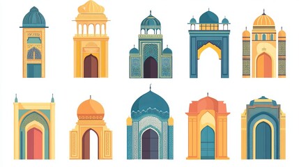 Flat vector icons of mosque gates doors and windows in an oriental style Moroccaninspired Islamic arches logos and mosque icons