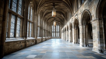 Obraz premium Majestic Gothic Architecture of an Empty Historic Hall with High Arched Ceilings and Large Windows Illuminating a Stone Floor