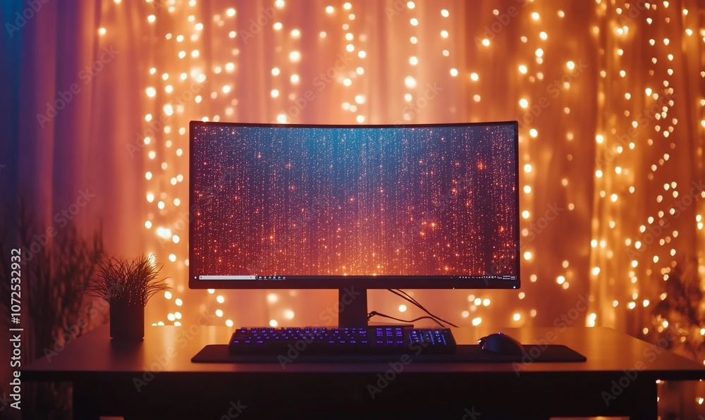 Poster a modern desktop computer with a curved monitor, keyboard and mouse, sits on a desk with fairy light