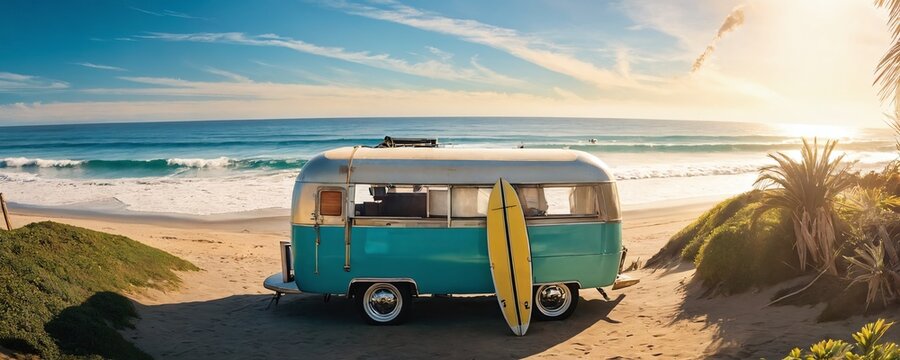 A vintage camper van parked on a sandy beach at sunset with surfboards ready for a day of adventure