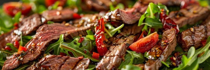 Roast beef salad, sunday roast, tomatoes, greens. Veal meet, vegetables, roasted spicy bone marrow