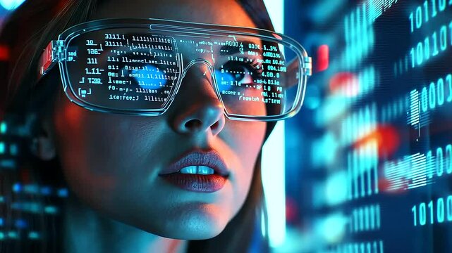 oftware, coding hologram and woman on tablet thinking of data analytics, digital technology and night overlay. Programmer or IT person 