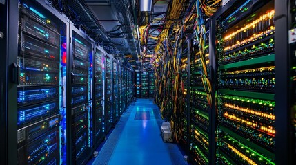 Server Room with Rows of Racks and Colorful Wires