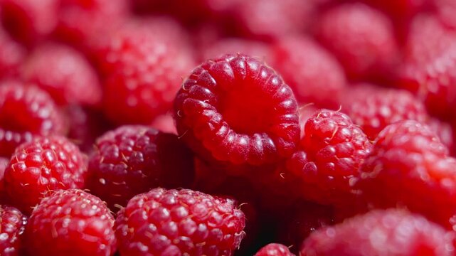 Pile of fresh red raspberries rotating. Sweet harvest. Organic vitamin product. Juicy raspberries. Stack of berries. Fruit pattern. Concept of healthy food. Close-up in 4K, UHD