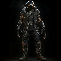 Fototapeta premium A futuristic warrior with a black helmet and gauntlets, wearing ripped jeans and a leather jacket.