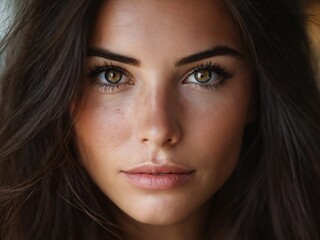 Fototapeta premium A close-up of a young woman with striking green eyes and flowing dark hair during soft daylight in an indoor setting