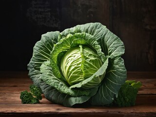Fresh green cabbage on a rustic wooden table with dark background captured in natural light - obrazy, fototapety, plakaty