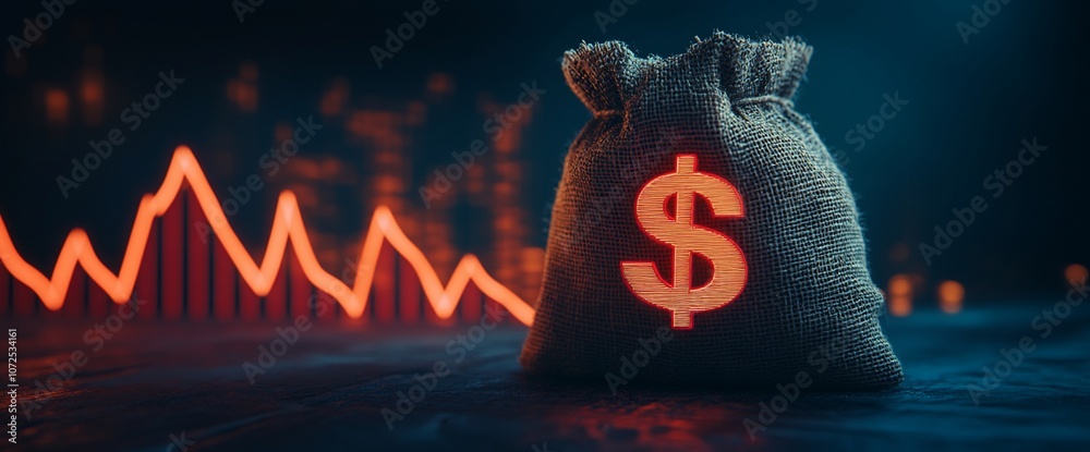 Poster A money bag with a dollar sign glowing in the dark sits in front of a red line chart that is decreasing in value.