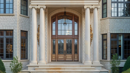 Obraz premium Elegant entrance of a luxurious home, featuring grand wooden doors framed by tall white columns and surrounded by dark windows and lush greenery. Perfect for highlighting architectural design.