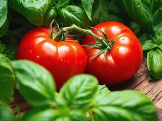 Two ripe tomatoes nestled among fresh basil leaves on a wooden surface, showcasing a vibrant harvest in a natural setting