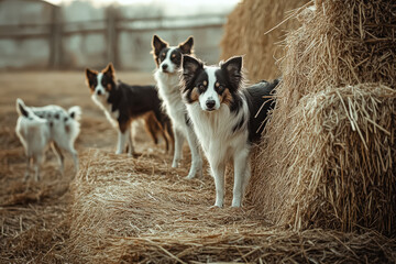 Three dogs standing in a field of hay. One of the dogs is wet