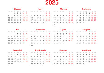 kalendarz, miesiące, dni, 2025