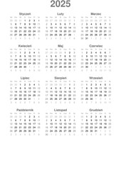kalendarz, miesiące, dni, 2025
