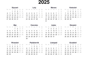 kalendarz, miesiące, dni, 2025