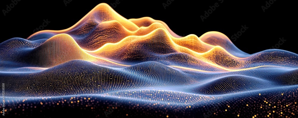 Poster abstract digital landscape with flowing waves and illuminated patterns, representing technology, dat