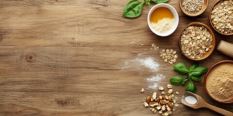 Fototapeta premium Oatmeal, Honey, and Other Ingredients on a Wooden Table