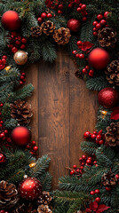 Christmas decoration with fir tree branch and toys and cones on empty wooden background. AI generative