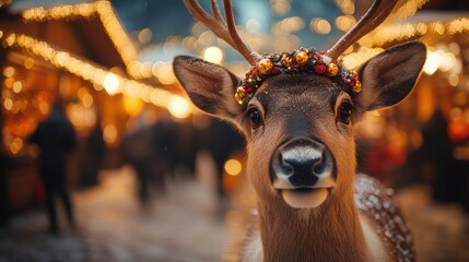 Reindeer in the Christmas Market: A charming reindeer with a festive wreath of ornaments on its antlers, looking directly at the camera.