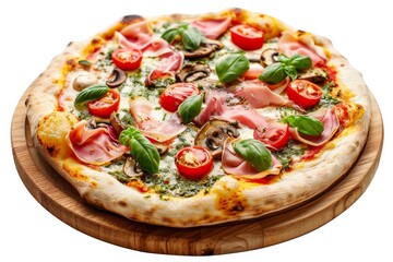 Parma Ham Pizza with Porcini Mushrooms, Mozzarella, Basil, Cherry Tomatoes, Pesto