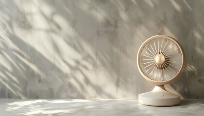 Portable fan on table against light grey background, space for text. Summer heat