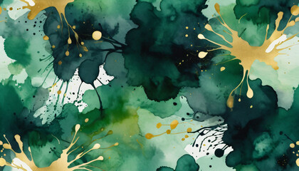 Dark and light green splashes blending into an abstract watercolor effect, with hints of metallic gold accents