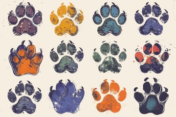 Fototapeta premium Paw footprint icon, animal foot print, dog graffiti spray step, wolf trail, bear trace silhouette, paw footprint