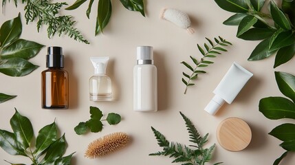 Natural skincare products with green leaves on neutral background