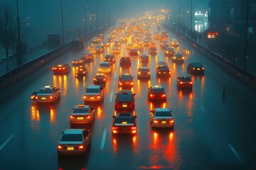 Busy city street filled with yellow taxis during rainy evening in urban setting