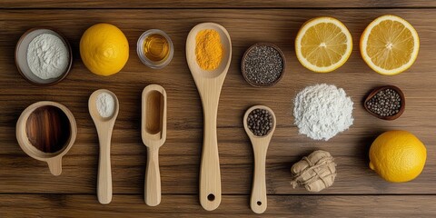 A Flat Lay Arrangement of Various Ingredients and Utensils on a Wooden Surface