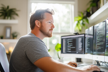 A young man diligently works on coding tasks at his home office desk, surrounded by greenery and natural light