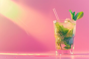 Mojito Cocktail on Pink Background, Mint Tropical Mocktail, Fresh Beach Party Coctail, Summer Drink