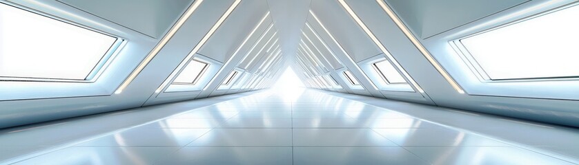 Obraz premium Modern architectural interior with clean lines and bright lighting creating a futuristic and spacious look, perfect for design or technology themes.