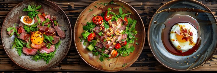 Set of Various Meat Salads on Rustic Ceramic Plates Top View. Salad Mix, Smoked Turkey, Honey Sauce