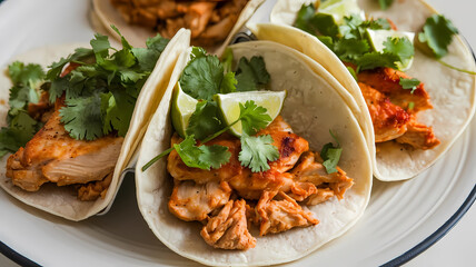 Delicious chicken tacos topped with fresh cilantro and lime wedges, served on soft corn tortillas. A flavorful dish perfect for taco lovers and Mexican cuisine enthusiasts.