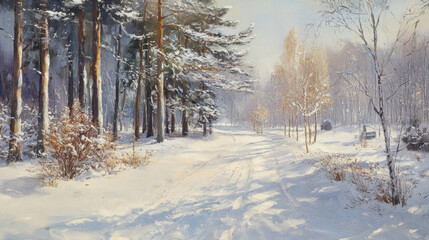 Obraz premium Picture a winter park blanketed in snow, where a serene stillness envelops the scene