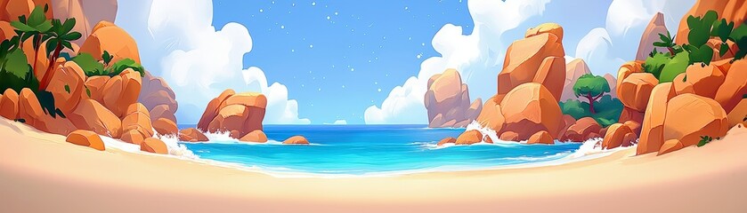 Serene Tropical Beach Scene with Calm Waters, Lush Greenery, and Majestic Rocks Under a Clear Blue Sky, Ideal for Vacation and Travel Themes