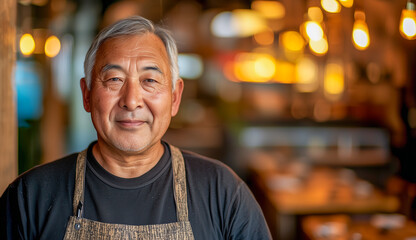 Fototapeta premium Experienced chef smiling in a warmly lit restaurant kitchen. Service industry, artisanal food, local eatery