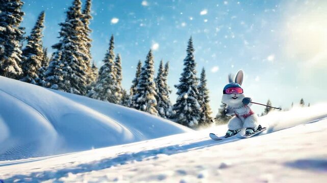 Ski vacation concept. Funny Animals skiing. Alpine Downhill Skiing Rabbit on Snowy Slope Wearing Ski Goggles and Helmet, Winter Fun Scene. Video made using Generative AI.